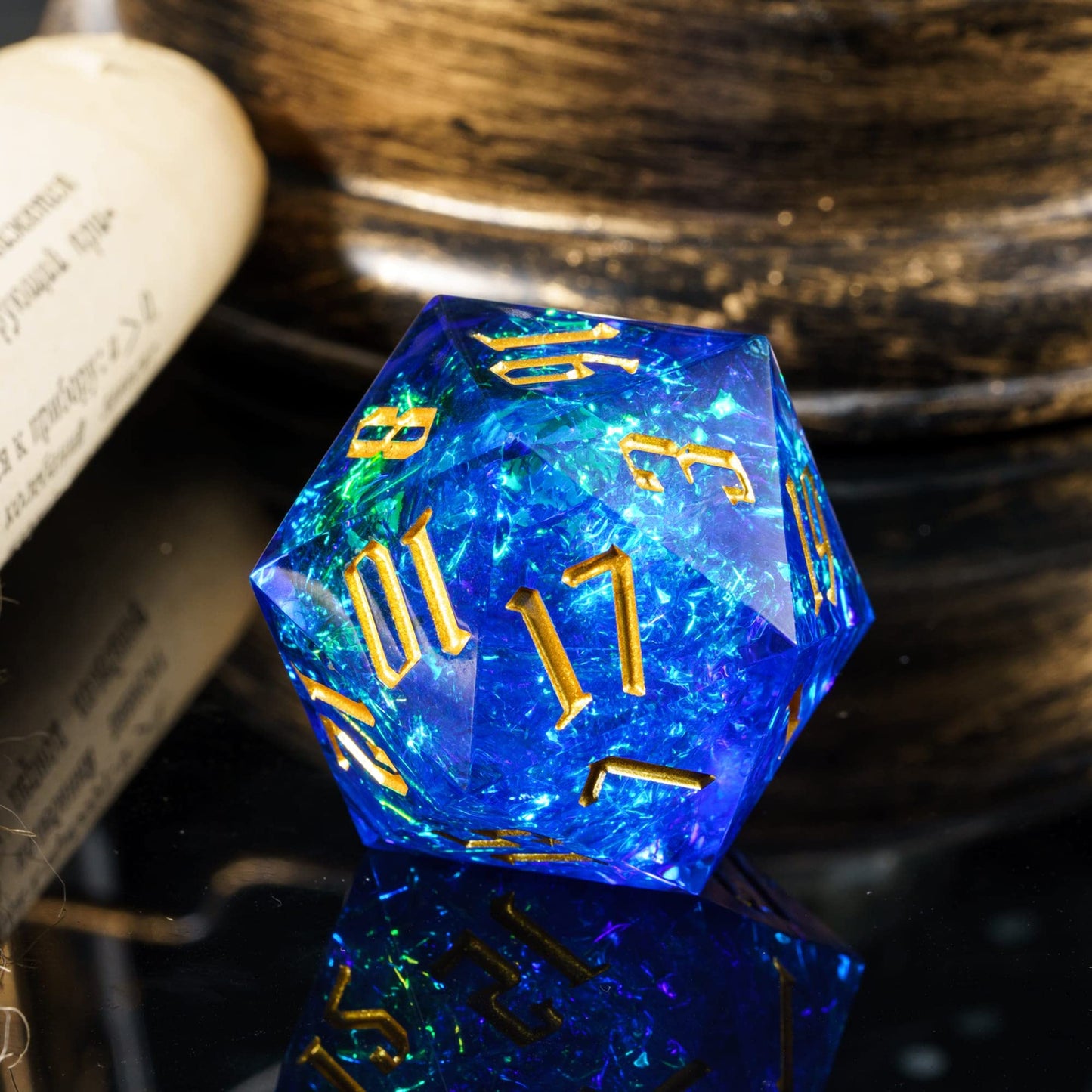 Cusdie Single D20 DND Dice with Sharp Edges and Glitter Foil Inclusions, 20 Sided D&D Dice, 33mm Handcrafted Polyhedral Dice, fo