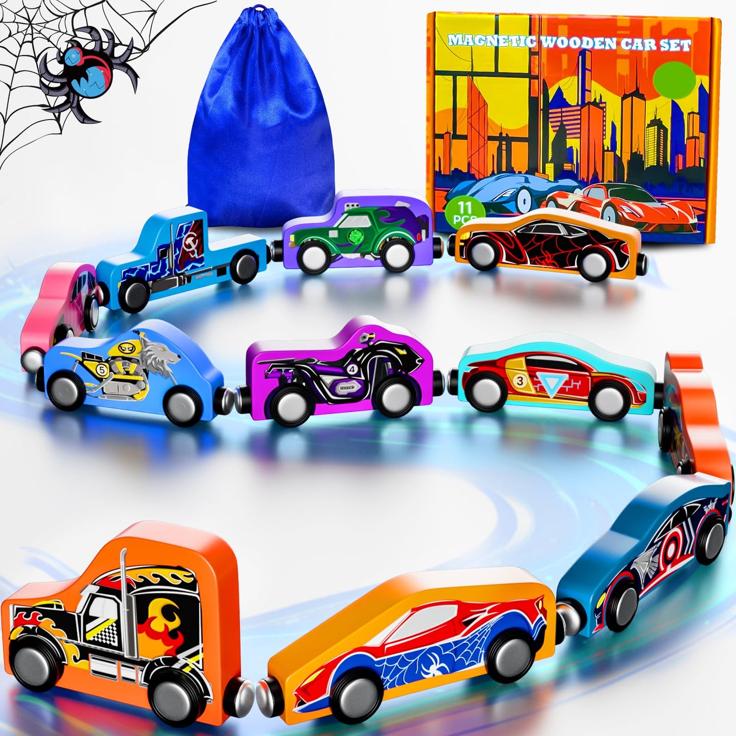 Toddler Boy Toys: 11 Magnetic Train Car Set, Spider Toys For Boys 2 3 4 Wooden Toys For Toddlers Montessori Toys Superhero Toys
