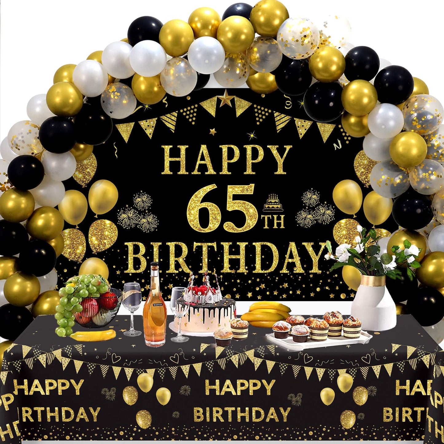 Trgowaul 65Th Birthday Decorations Men Women - Black Gold Happy 65Th Birthday Backdrop Banner, 2 Pcs Birthday Tablecloth, 60 Pcs