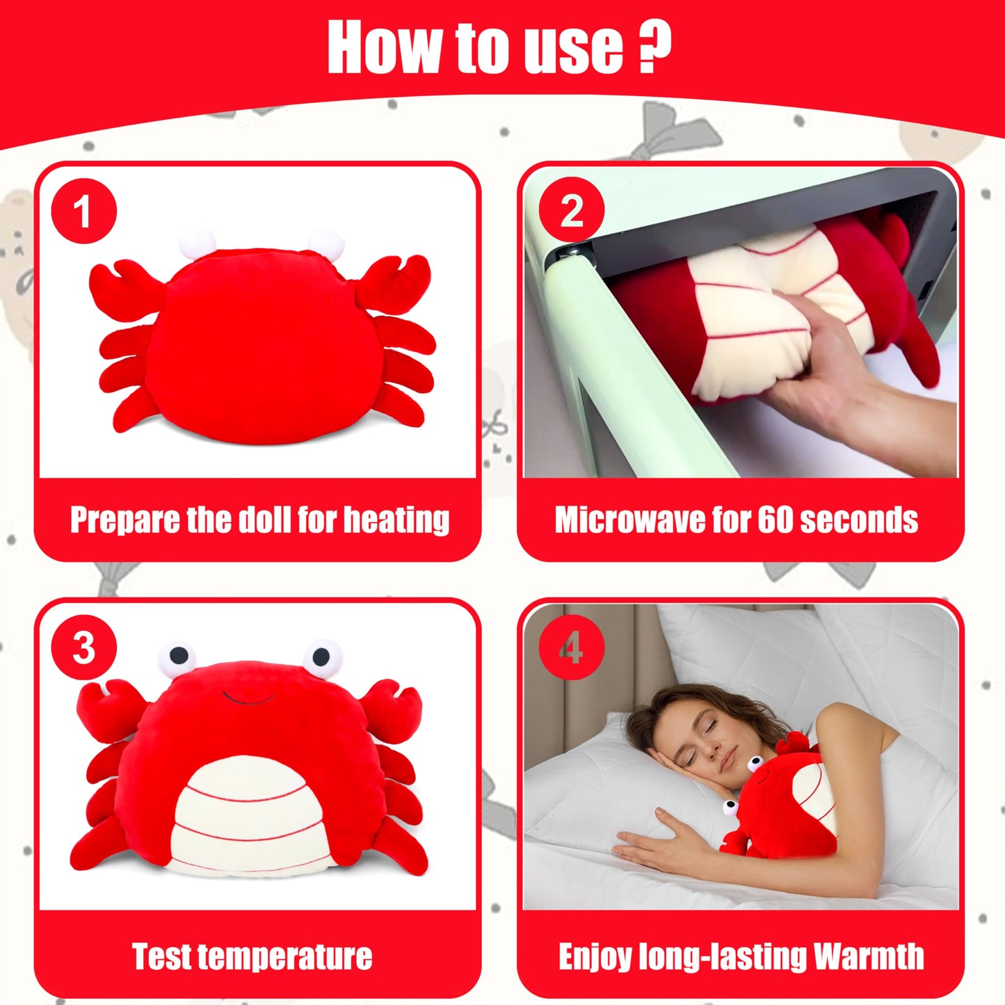 Microwavable Cute Crab Plush Heating Pad, Lavender-Scented Cozy Warm Stuffed Animal For Cramps & Pain Relief, Heated Plush Toy F