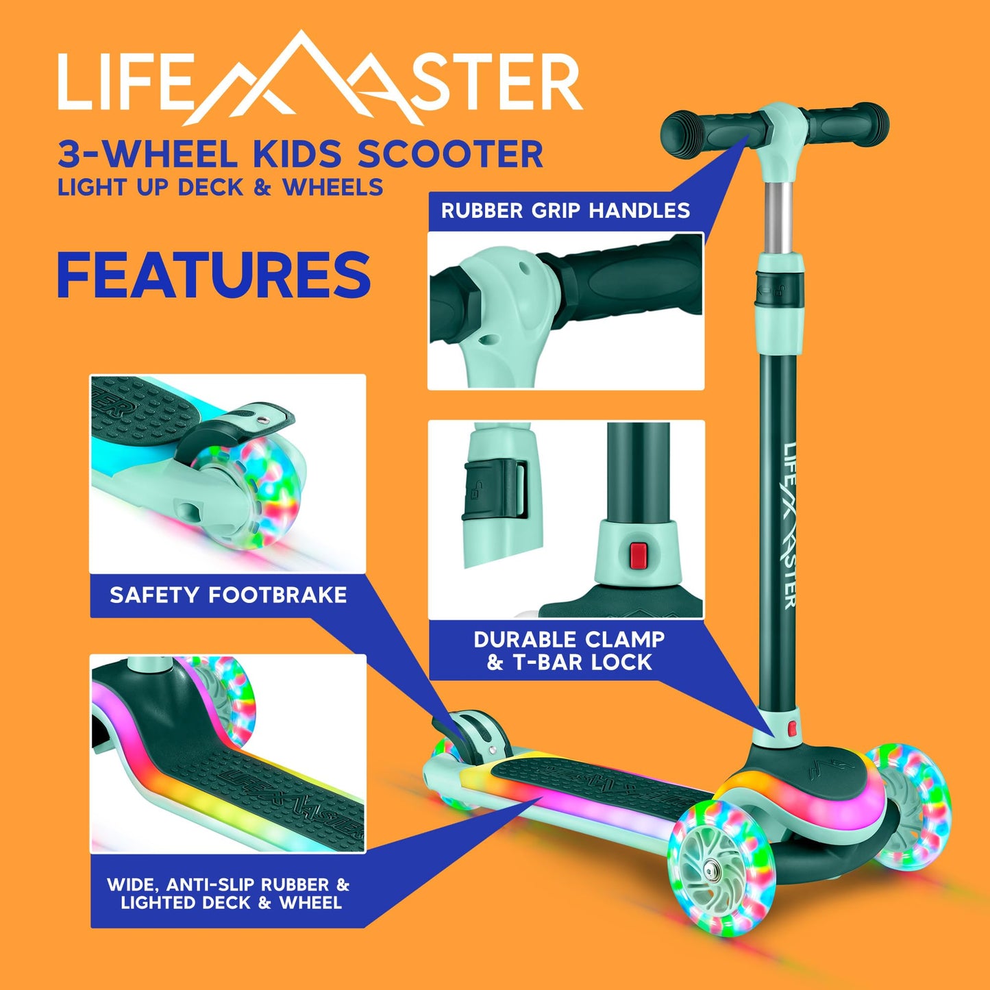 Lifemaster 3-Wheel Kids Scooter With Multi-Color Lights On Deck & Wheels - 5-Height Adjustable Handlebar, Wide Anti-Slip Deck, C