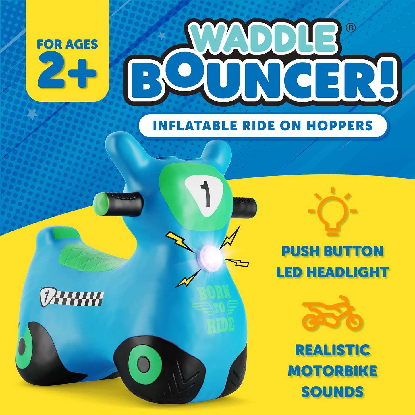 Waddle Bouncy Hopper Inflatable Hopping Animal Scooter, Indoors And Outdoor Toy For Toddlers And Kids, Pump Included, Boys And Girls Ages 2 Years And Up (Blue Zoomer)
