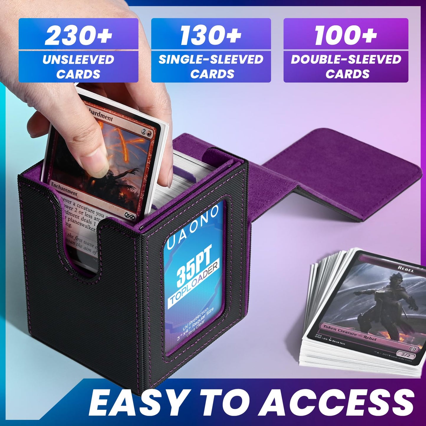 Uaono Card Deck Box With Mtg Commander Display, Deck Case Holds 100+ Double-Sleeved Cards, Trading Card Storage Box Fits Tcg/Ptcg/Sports Card With 2 Dividers, 1 Toploader (Black, Purple)