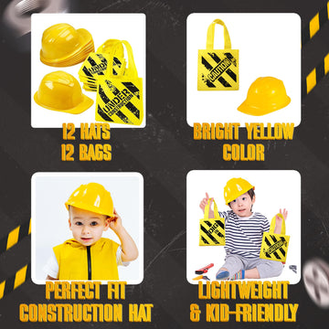 Bedwina Construction Themed Party Supplies - (24 Pack) Construction Party Favors Hat & Mini Tote Bag Supplies - (12) Yellow Cons