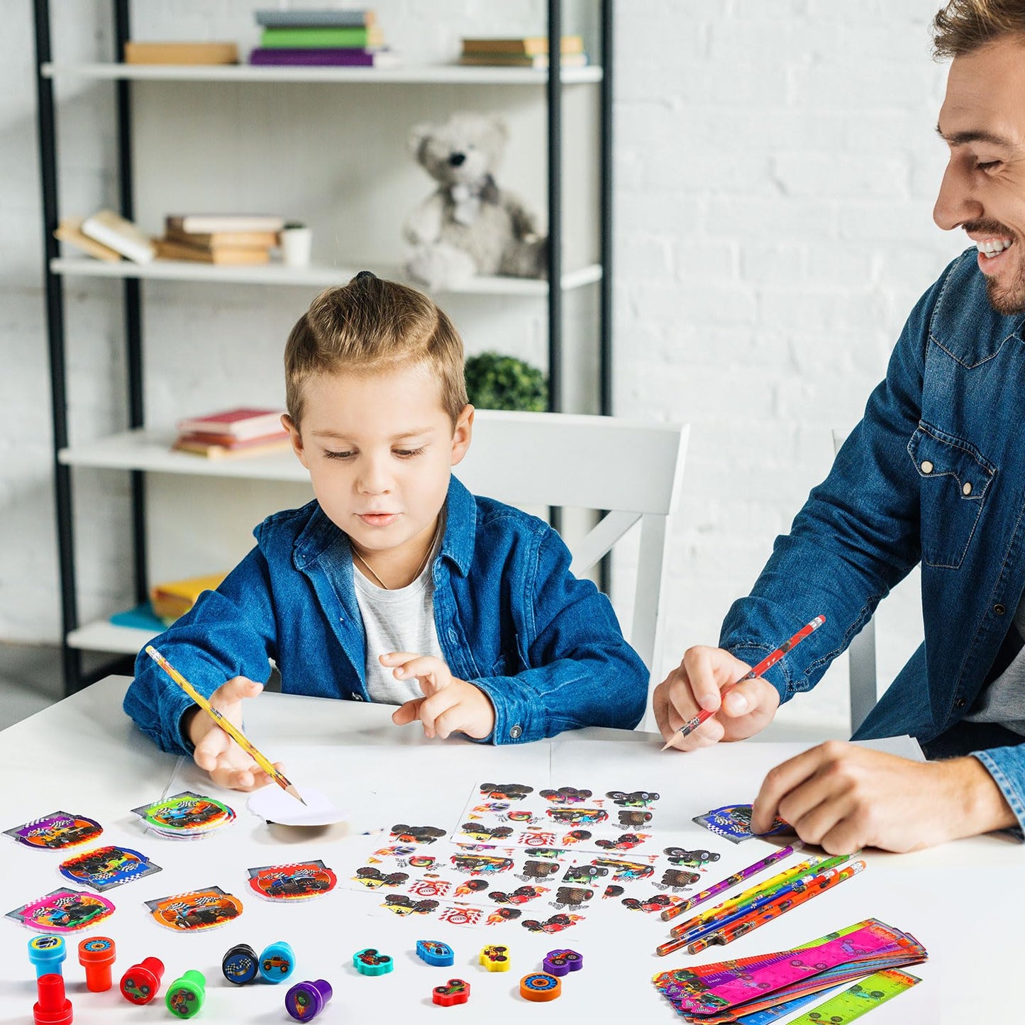 Cholemy 168 Pcs Monster Truck Party Favors Truck Party Supplies Monster Truck Stationery Set Notebook Sticker Stamper Eraser Rul