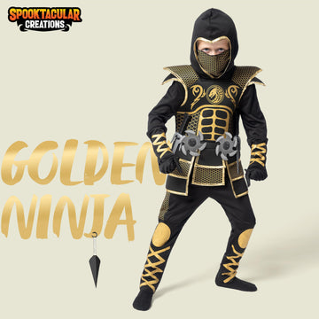 Spooktacular Creations Golden Ninja Costume for Boys Kids Ninja Outfit Set with Golden protective covering and Patterns for Halloween Costume Dress Up Party S