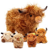OUOZZZ Highland Cow Plush Toy - Large Fluffy Stuffed Animal with 4 Baby Calves - Travel-Friendly Gift for Kids 14.5"