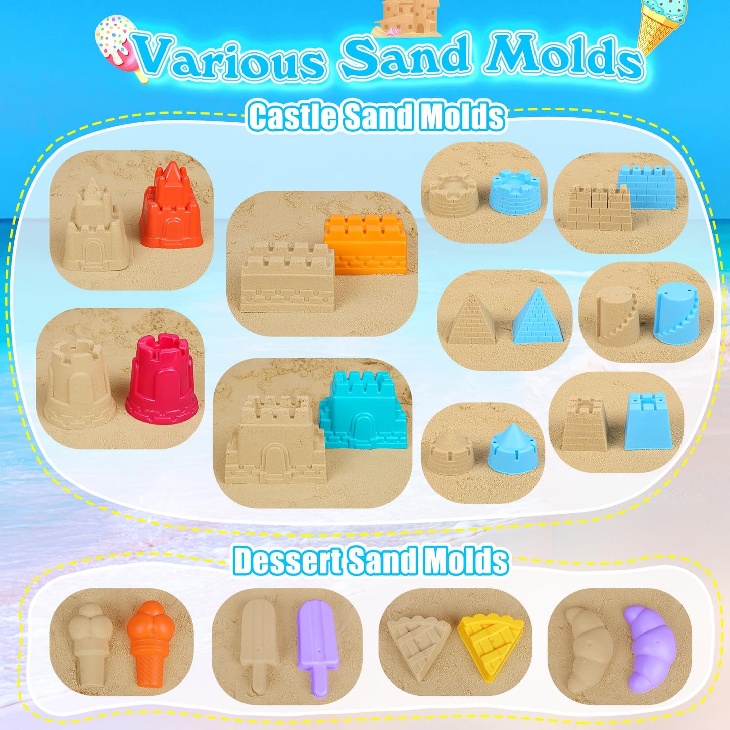 FUSPWEAO Beach Toys Sand Toys for Kids, Sand Castle Toys for Beach with 2 Sand Castle Bucket and Mesh Bag, Sand Molds, Shovels a