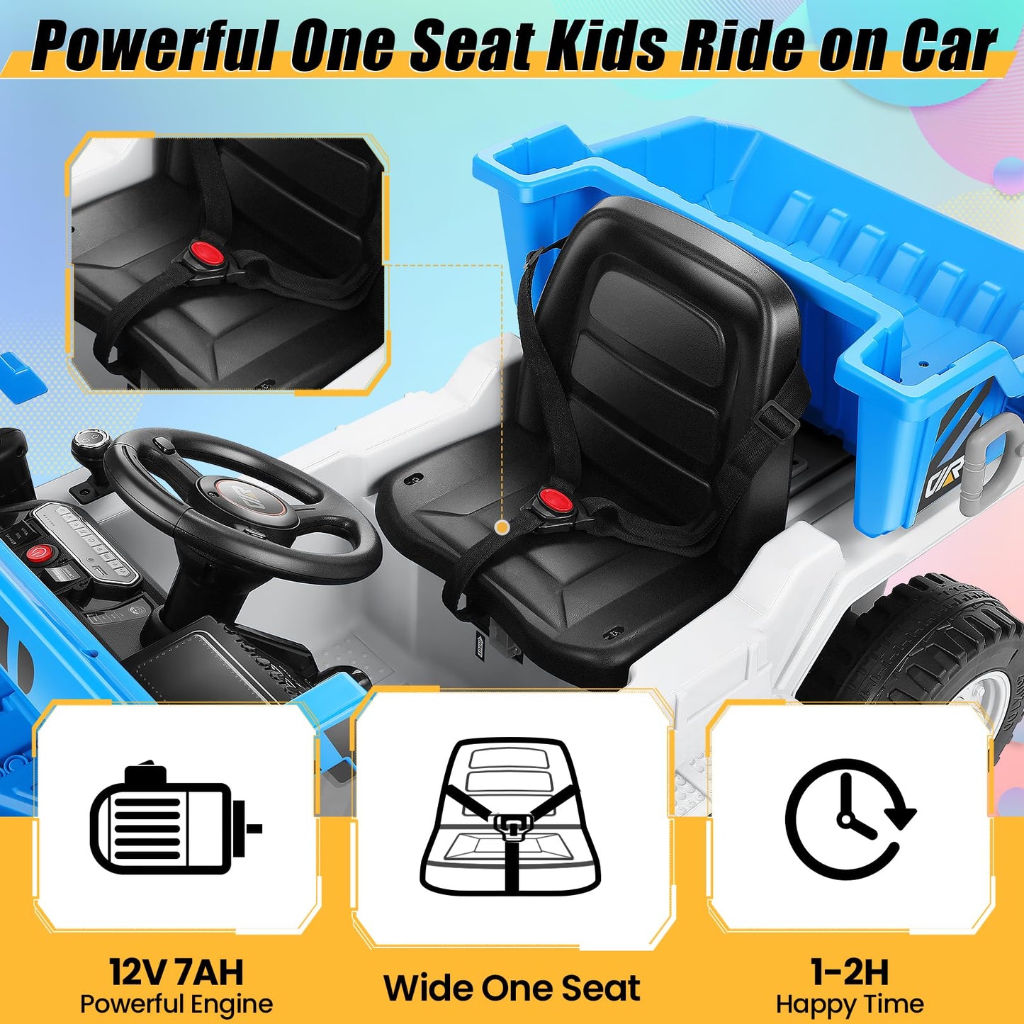 Hikole Kids Ride On Dump Truck With Remote Control, 4Wd Dump Truck With 12V 7Ah Battery, Electric Dump Bed,Shovel, Bluetooth, Music Player, Electric Cars For Girls, White & Blue
