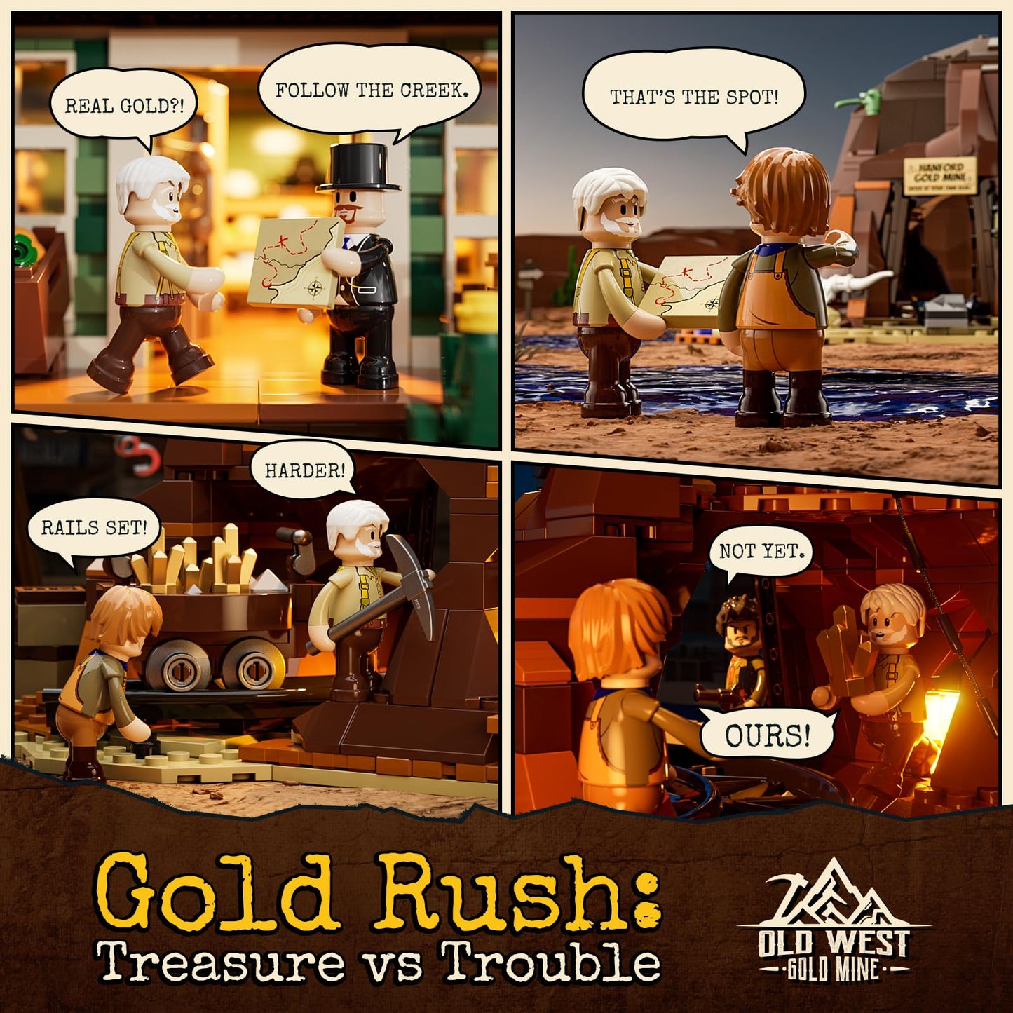 FUNWHOLE Wild West Gold Mine Lighting Building-Bricks Set - Western Prospectors Dig Entrance 658 Pcs Mining Playset for mature-themeds and West Lovers