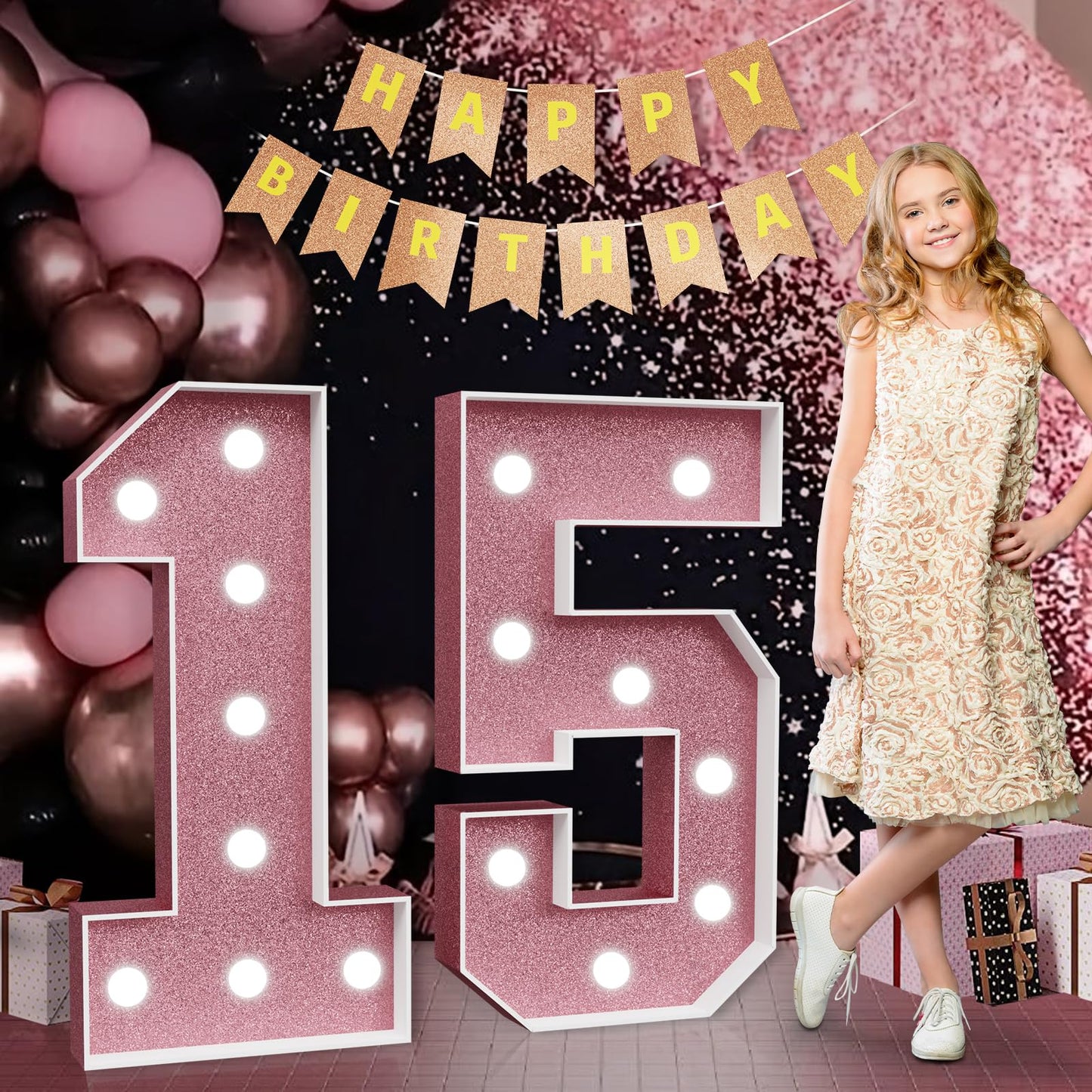 Marquee Numbers Pink 15Th-Birthday Decorations: Large 3Ft Light Up Number Rose Gold 15 Birthday Decoration For Boy Girl Fifteen