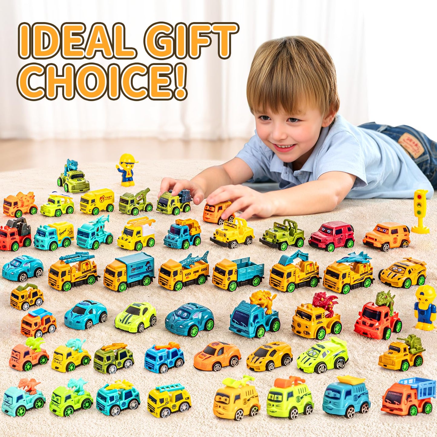 SeventhDuck Mini Cars 18PCS, Pull Back Racing Toy Car Set, Racing Toy Vehicles Mini City Cars with Roadblocks and Characters, Pa