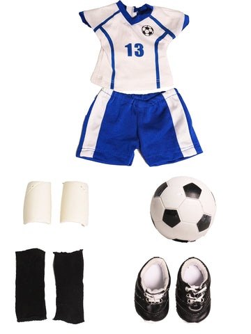 American Fashion World Blue and White Soccer Uniform for 18-Inch Dolls | Accessories Included | enhanced Quality & Trendy Design | Dolls Clothes | Outfit Fashions for Dolls for Popular Brands