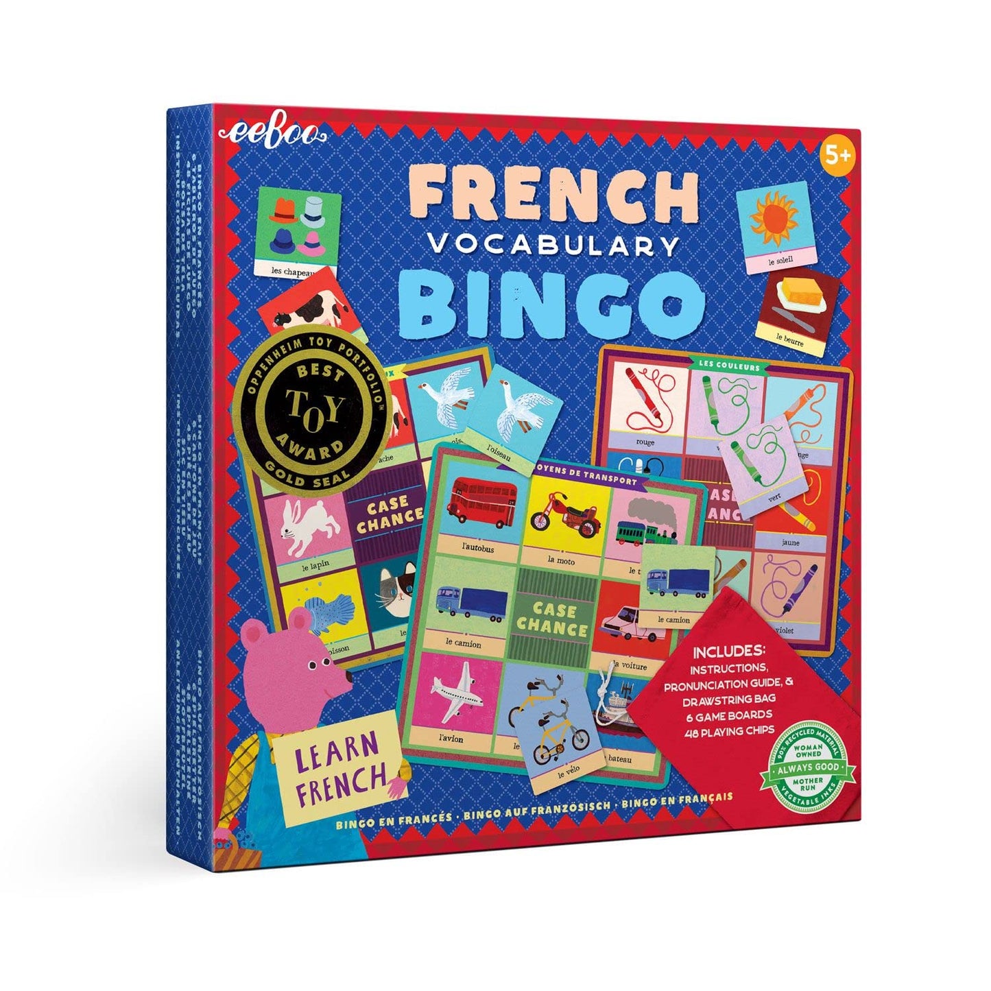 eeBoo: French Bingo Vocabulary Game Includes- Pronunciation Guide & Drawsting Bag 6 Game Boards 48 Playing Chips 2 to 6 Players for Ages 5 and up-New
