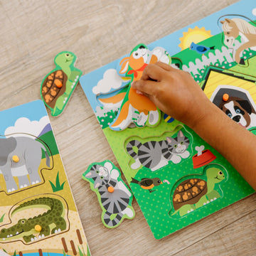 Melissa & Doug Wooden Peg Puzzle 4-Pack For Toddler And Preschool Boys And Girls - Vehicles, Farm, Safari, Pets