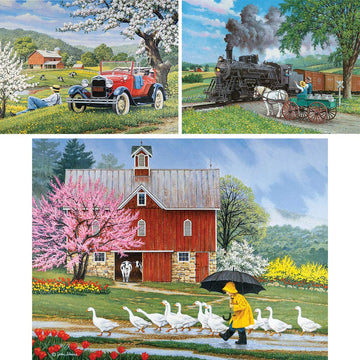 Bits And Pieces – Value Set Of Three 300 Piece Jigsaw Puzzles For Adults – Old Country Farm Town Jigsaw Puzzles By Artist John Sloane, Completed Puzzle Size: 16' X 20'