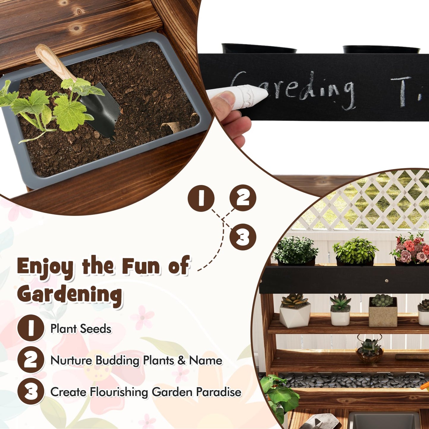 Costzon Kids Potting Bench, Wood Toy Gardening Center with 4 Pots, Chalkboard, Removable Sink, Storage Shelves, Mud Kitchen for