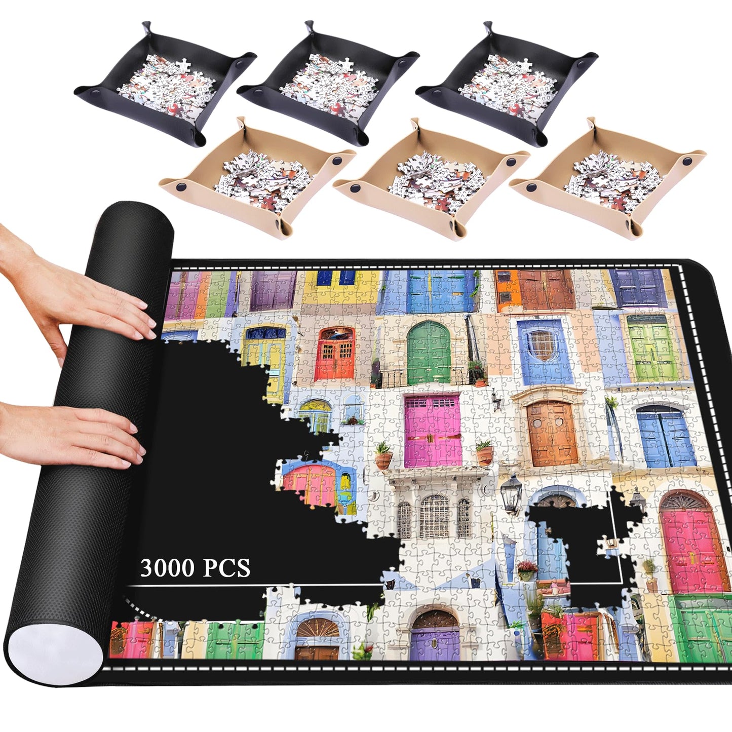 Pohxev Jigsaw Puzzle Mat Roll Up, 53 X 35 3000 2000 1500 Pieces, Roll-Up Puzzle Mats Save Pad With 6 Leather Sorting Trays