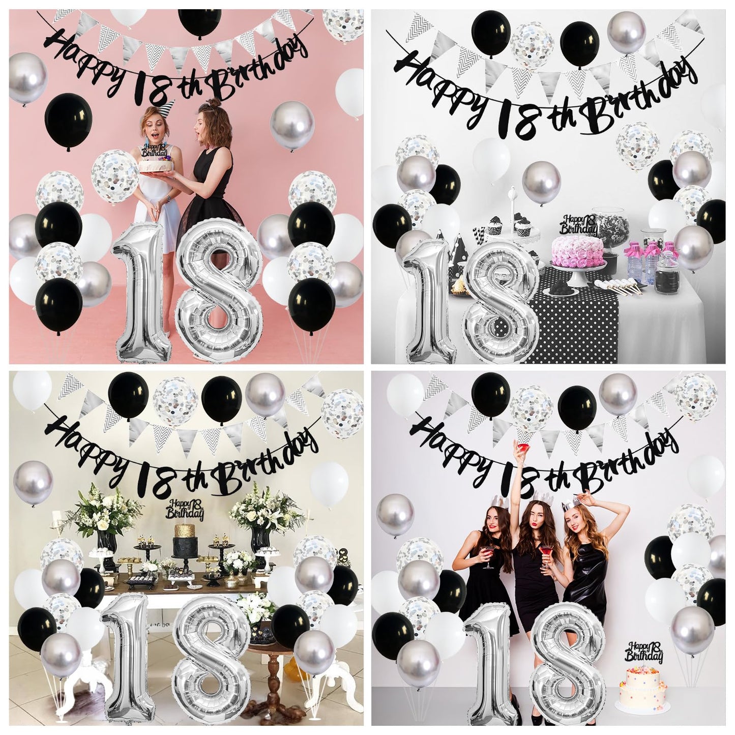 18Th Birthday Decorations For Boys Girls, Black Happy 18Th Birthday Banner With Black Silver White 18Th Birthday Balloons Cake T