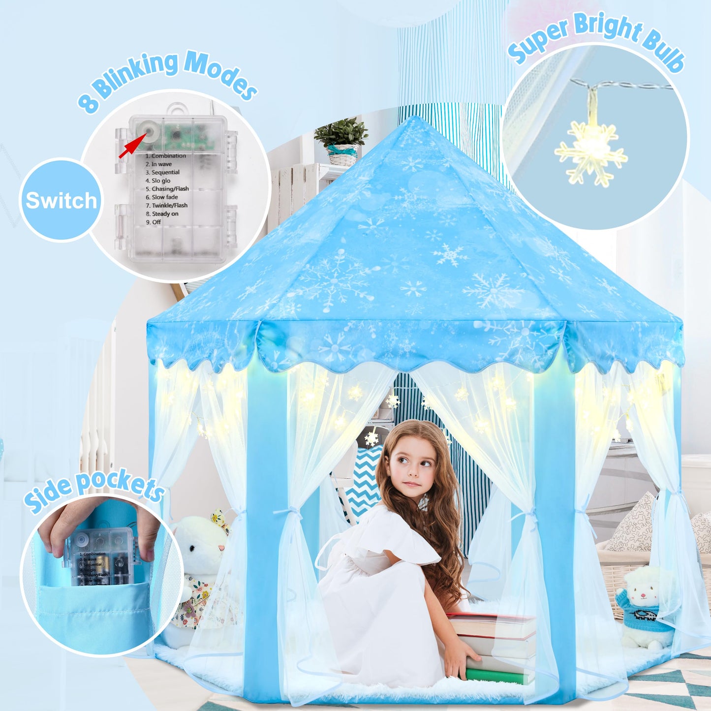 Evoionos Frozen Princess Tent For Girls, Kids Play Tent With Snowflake Lights, Castle Playhouse For Children Indoor Outdoor Game