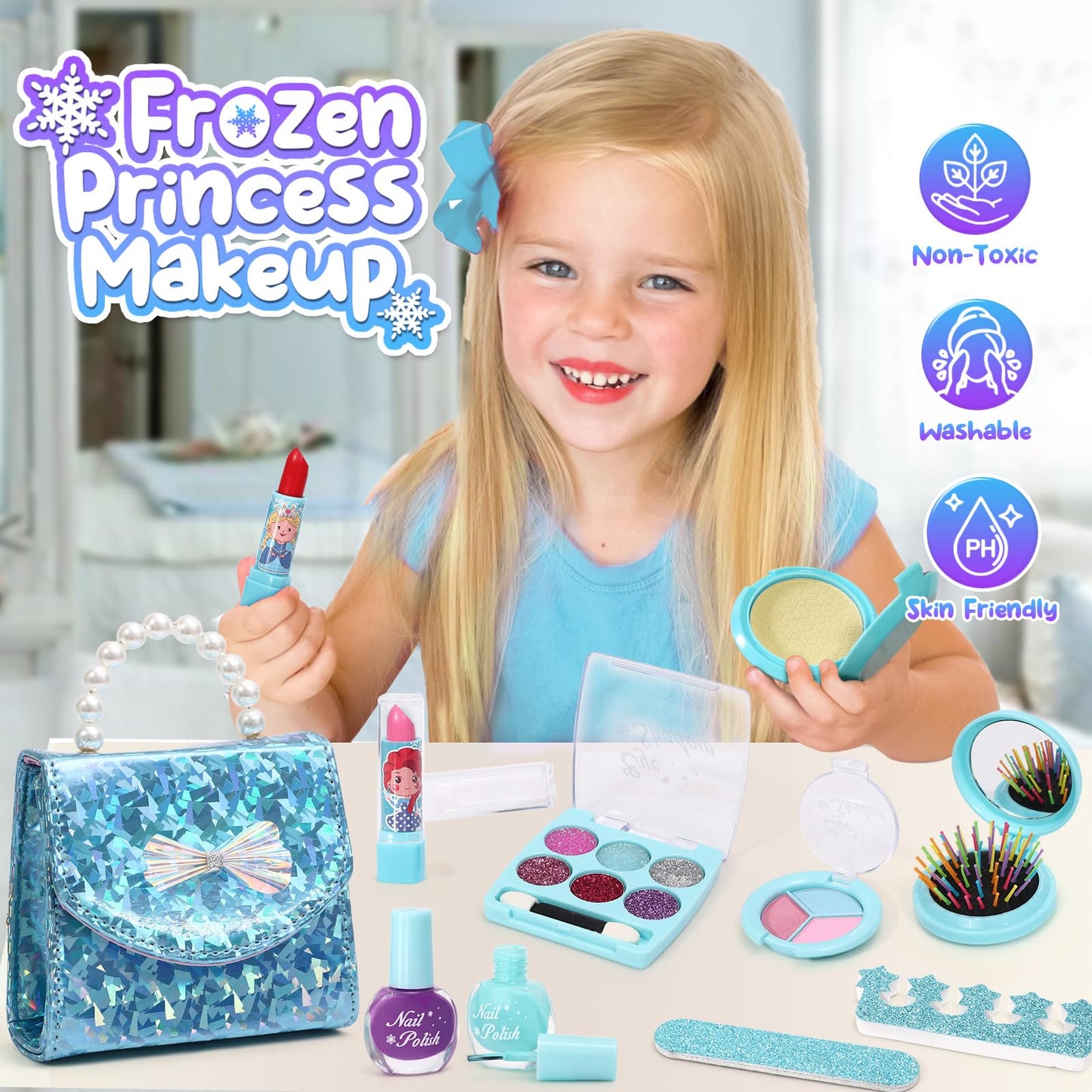Golray Frozen Toys For Girl Gift Kids Makeup Kit & Elsa Princess Dress Up Set, Purse & Cape & Real Make Up & Nail Polish & Wand,