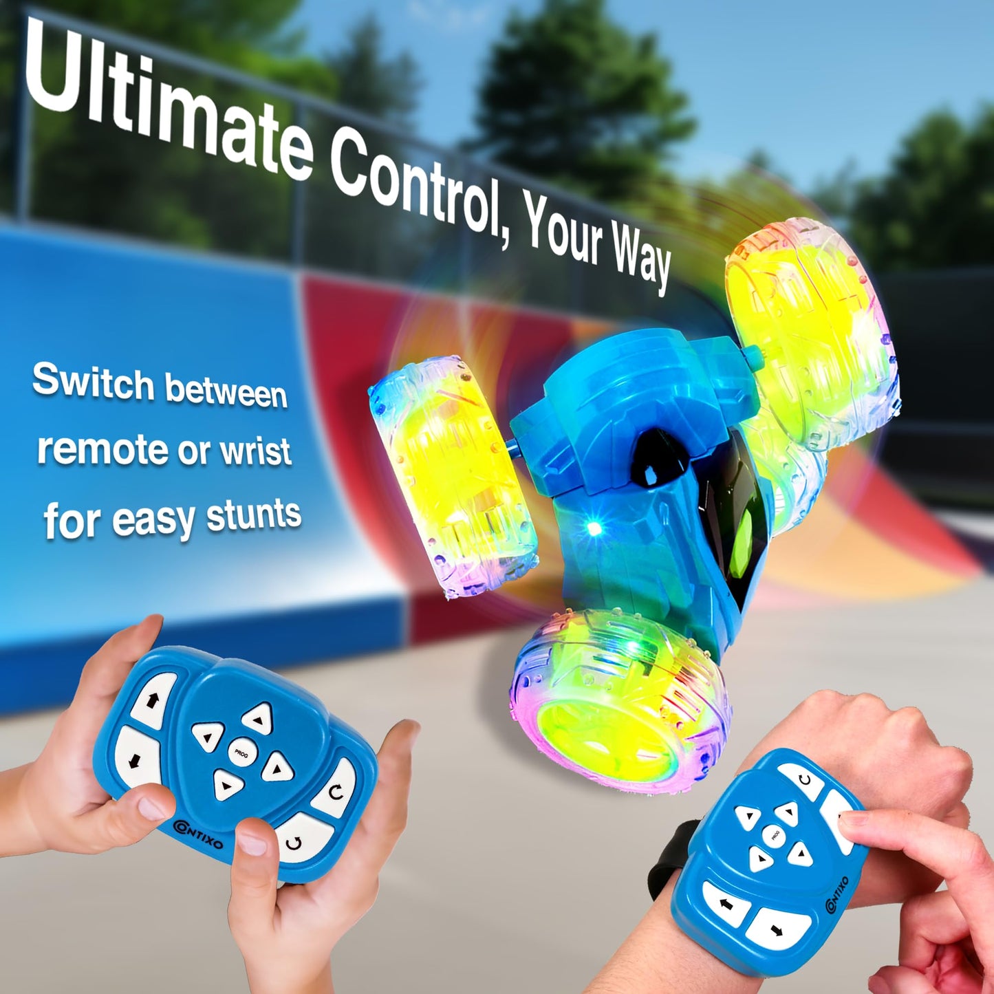 Contixo RC Stunt Car 4WD 2.4GHz - Double-Sided 360 Rotating Remote Control Car with LED Lights, for Kids Age 4-12, Blue