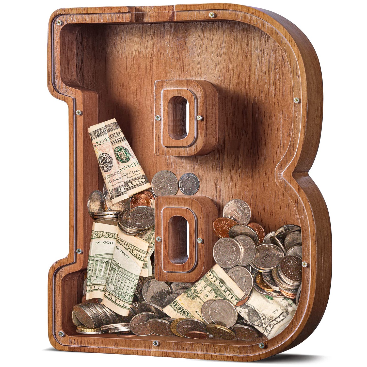 Customized Name Large Wooden Piggy Bank For Kids Boys Girls Alphabets Letter A-Z Coins Bills Money Change Bank Box Initial On Clear Cover (Laser Engraved) (Alphabet-B, Initial-12)