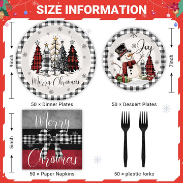 GOLDGAO 200 PCS Christmas Paper Plates Napkins Party Set Buffalo Plaid Xmas Tree Snowman Dinnerware Plate and Napkin Sets for Xm