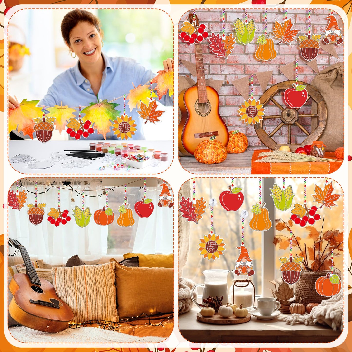 Beeveer 30 Sets Fall Plant Suncatchers Art Kits DIY Thanksgiving Pumpkin Maple Leaf Acorn Suncatcher Crafts Paint Your Own Windo