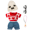 17cm Doll Clothes 5 Pieces - Kawaii Chic Style Set for 17cm Dolls Cute Doll Outfit with Accessories - Grey Bear Ears Hat + Red Sweater + Blue Jeans + Glasses + Small Guitar (NO Doll)