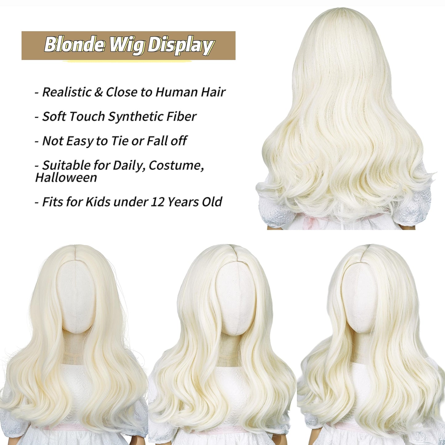 Half And Half Kids Blonde Wig Long Curly Child Wigs For Kids Girls, White Golden Middle Part Girl'S Costume Wavy Wig Heat Resist