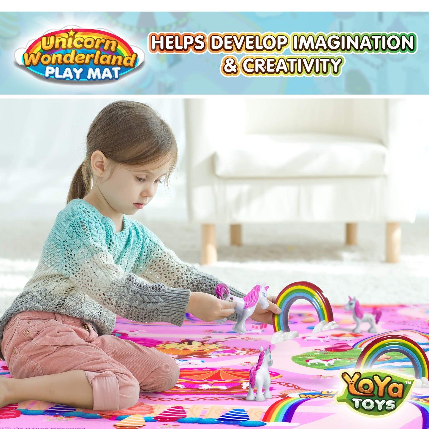 Yoya Toys Unicorn Playmat - Pretend Play Set For Kids - 8 Pcs Unicorns And Rainbows Figures - Educational Imaginative Activity Rug Toy - Floor Mat Playset Gift For Girls 3 4 5 6 7 8 Year Old Toddlers