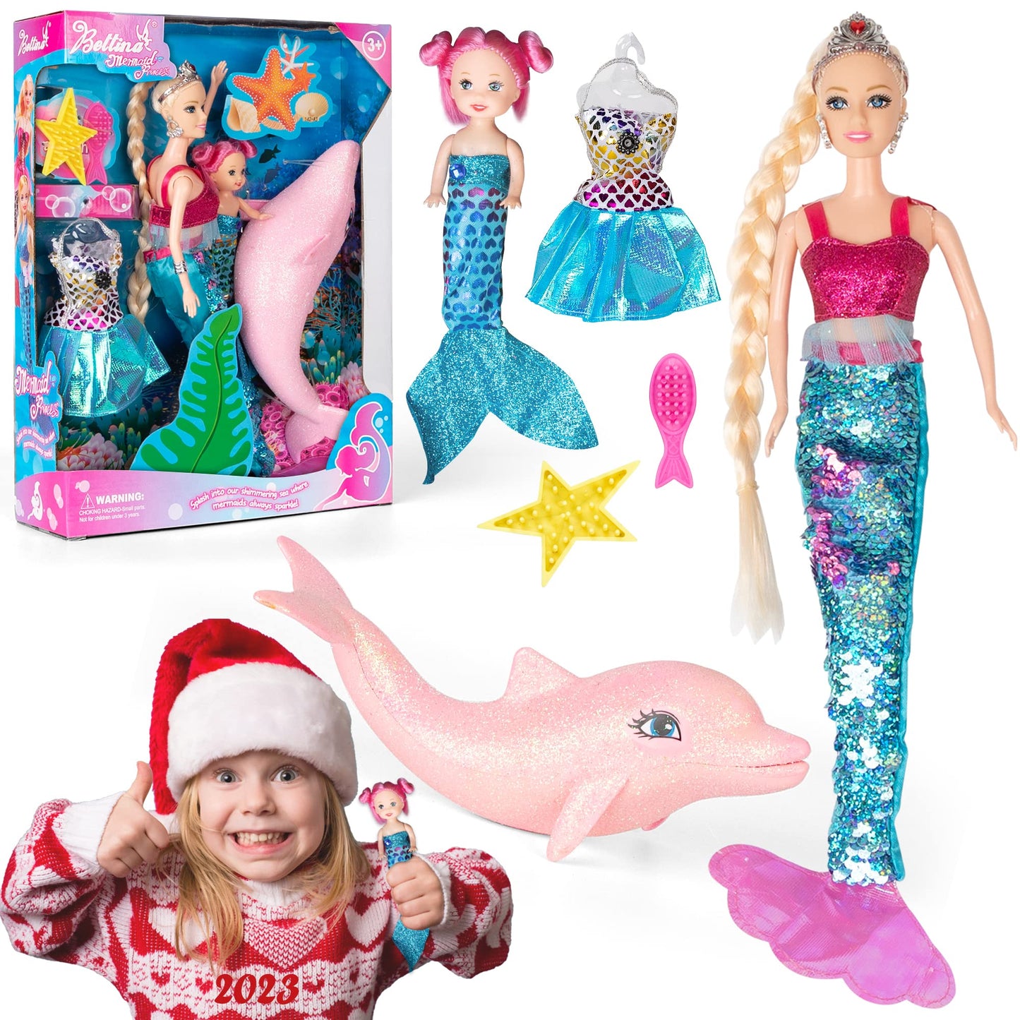 Yellow River 2023 Mermaid Princess Doll Playset, Color Changing Mermaid Tail By Reversing Squins, 12'' Fashion Dress Doll With 3