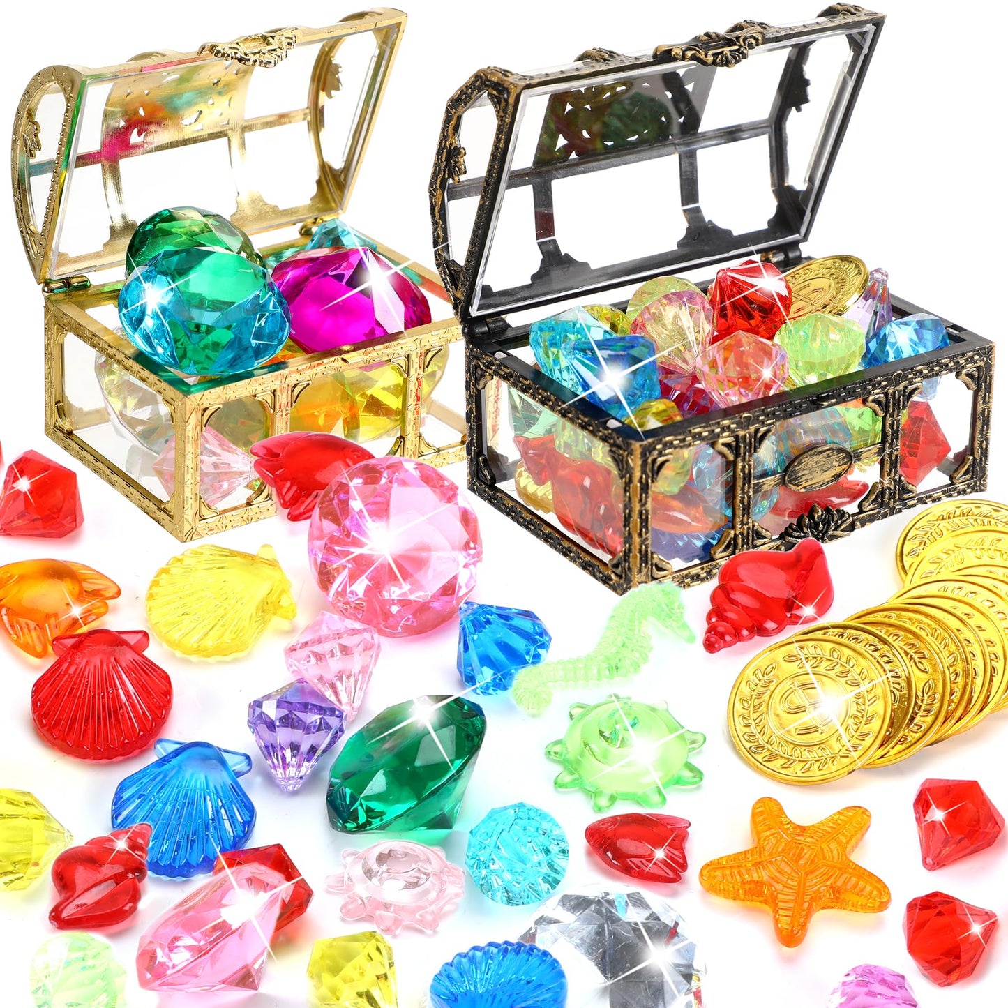 Marforever 70 Pieces Diving Gem Pool Toys Colorful Summer Swimming Diamonds Acrylic Gemstones With 2 Treasure Pirate Boxes For W