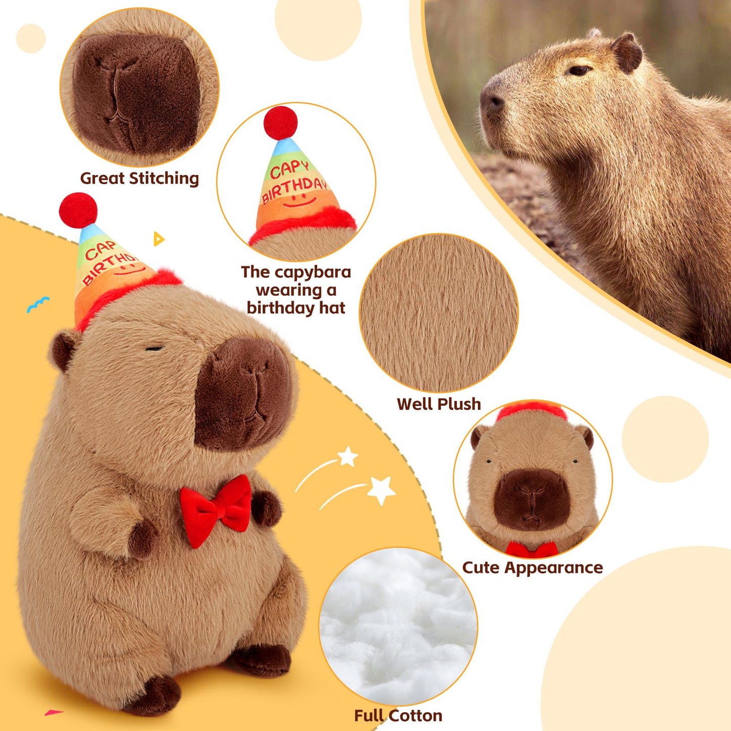 Achwishap Capybara Plush,Cute Plushies Capybara Stuffed Animal,Capybara Plush Toys,Kawaii Plush Stuffed Toy With Birthday Hat Plushie Gift For Kids Adults Birthday(Capybara With Birthday Hat,12”)