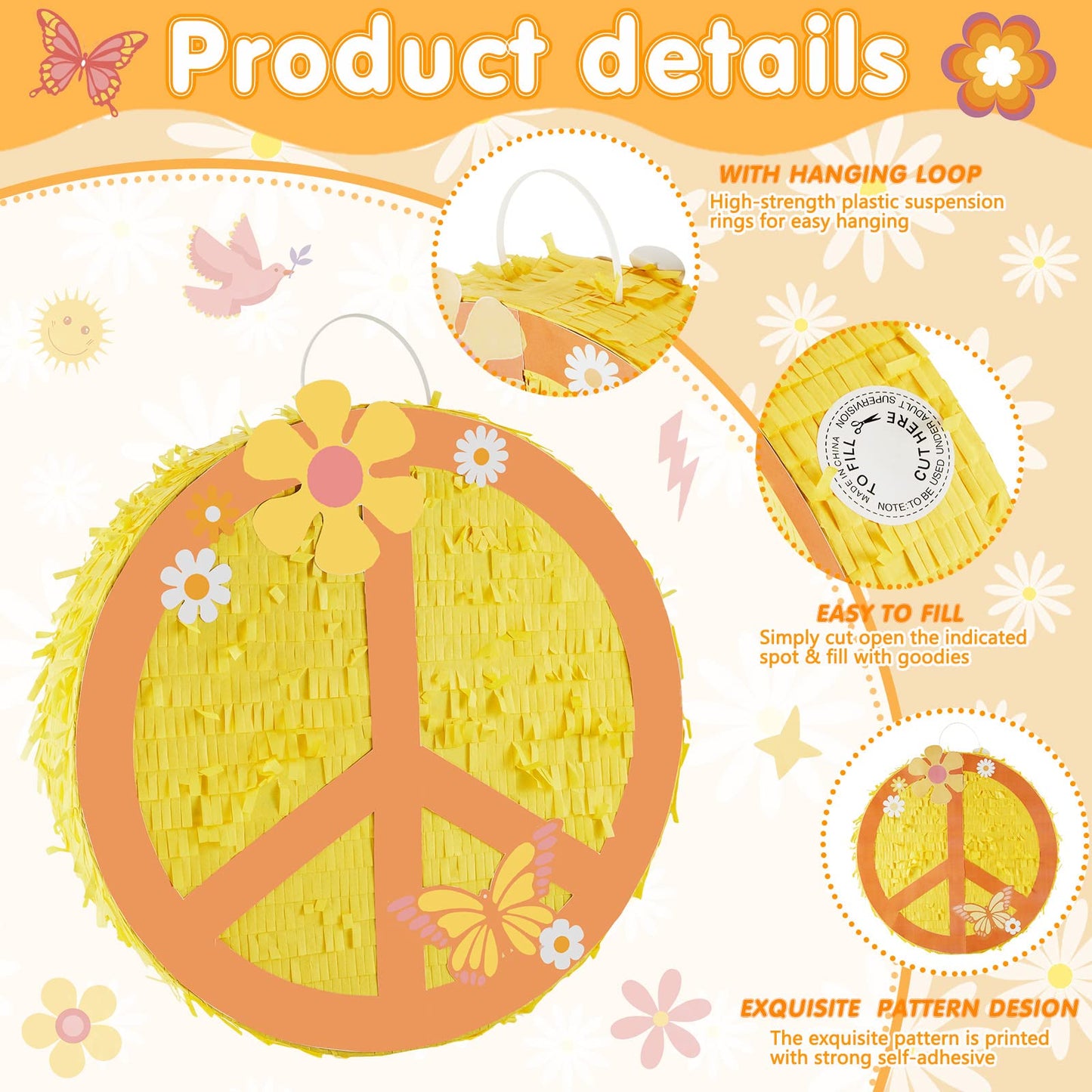 12.9 Inch Groovy Retro Hippie Boho Pinata Hippie Boho Party Favors Peace Sign Two Groovy Pinata 60'S 70'S Hippie Party Pinata For Hippie Boho Groovy Flower Birthday Baby Shower Wedding