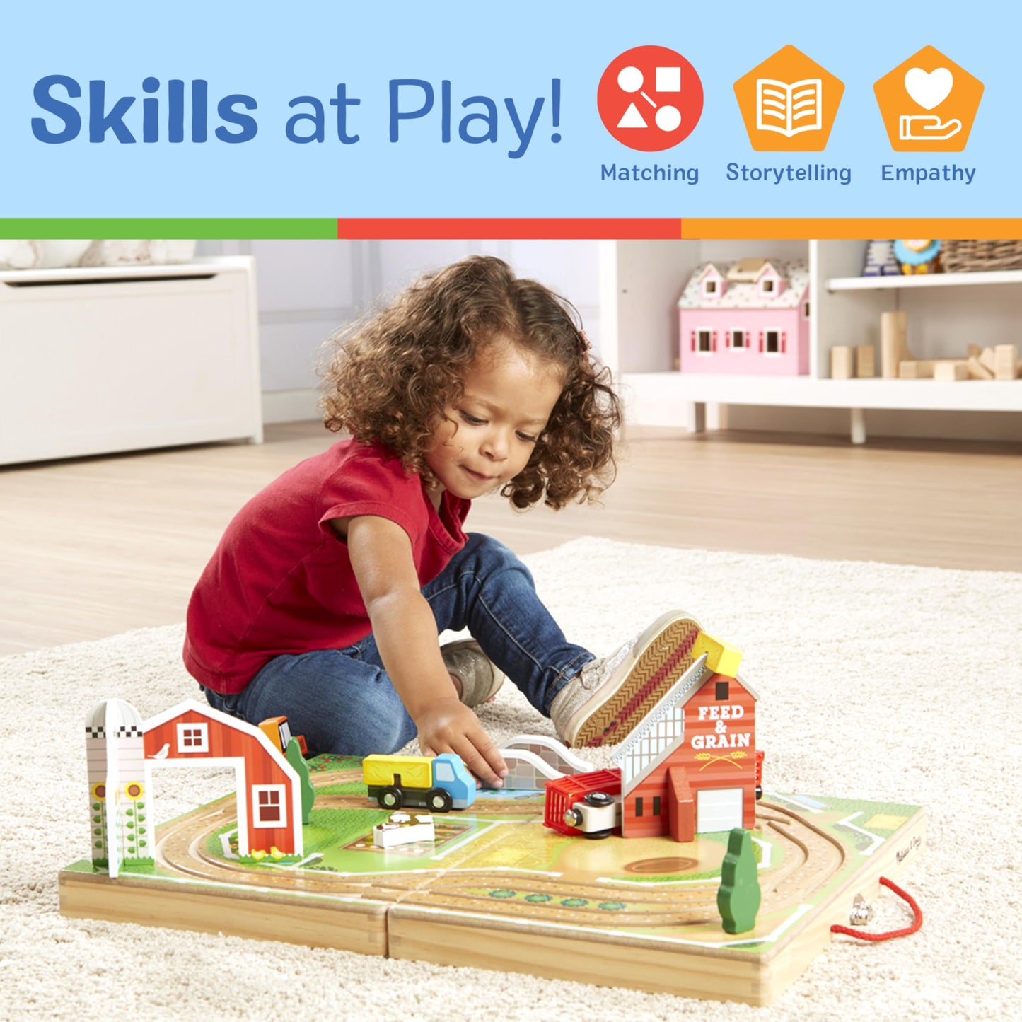 Melissa & Doug 17-Piece Wooden Take-Along Tabletop Farm, 4 Farm Vehicles, Play Pieces, Barn, Grain House