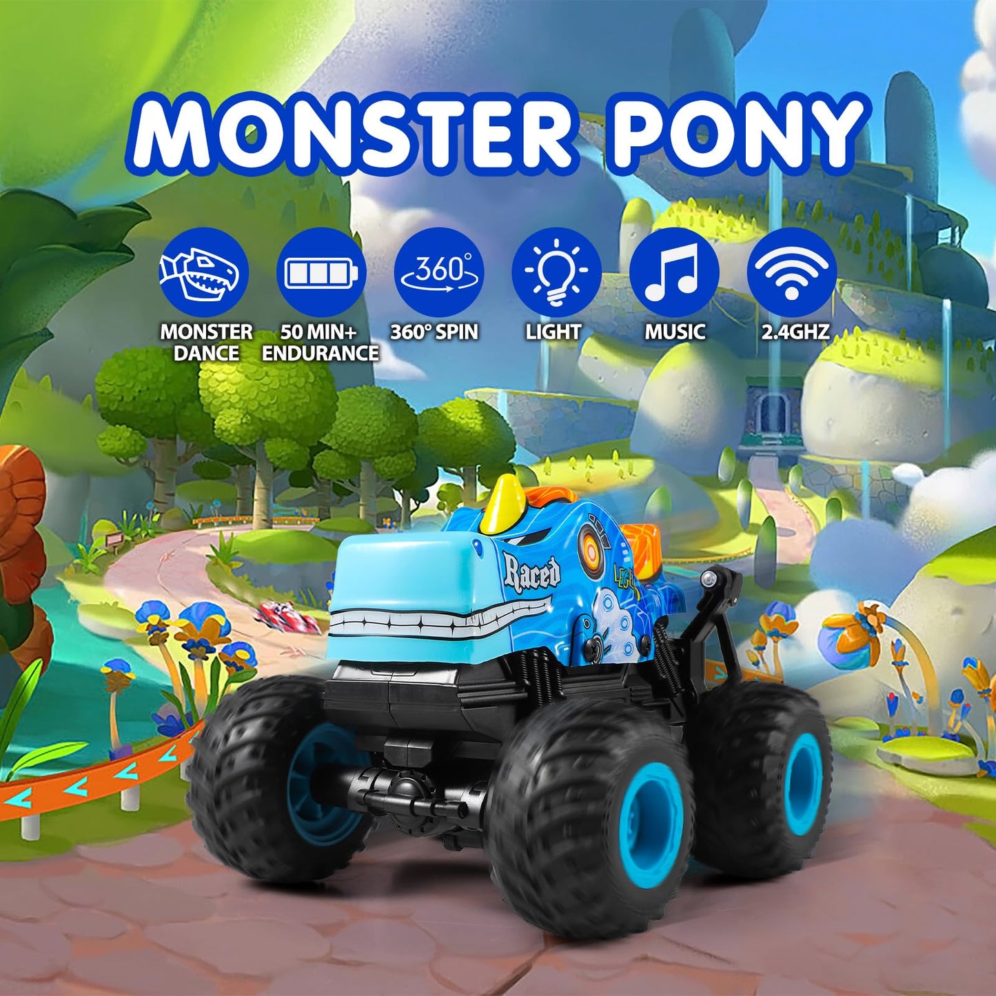 DYODYORC Remote Control Car, 2.4Ghz All Terrain Pony Monster Truck Toys, RC Truck with Music, 3 Lighting Effects, 360 Stunt Capa