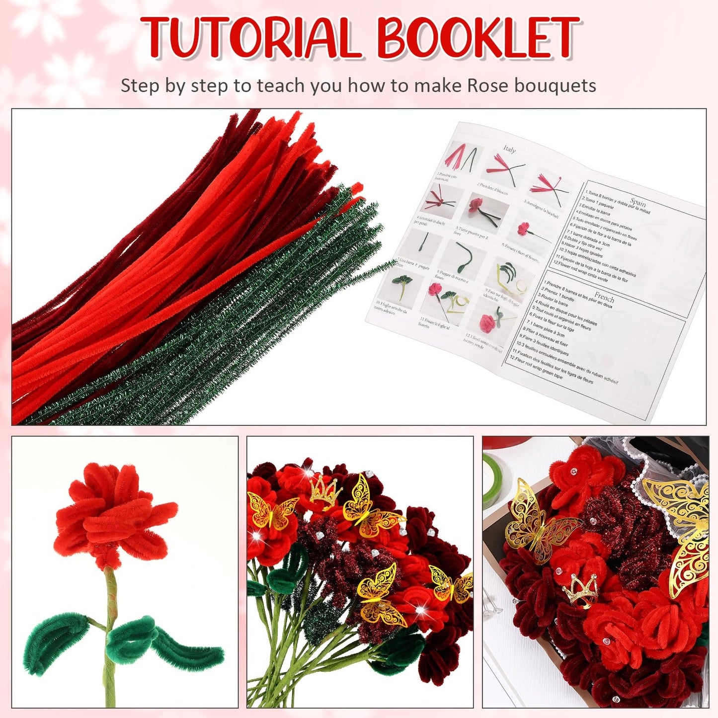 Sinload 290 Pcs Pipe Cleaners Flower Bouquet Craft Kit for DIY Bouquet with Tutoria and Flower Wrapping Paper Fluffy Pipe Cleane