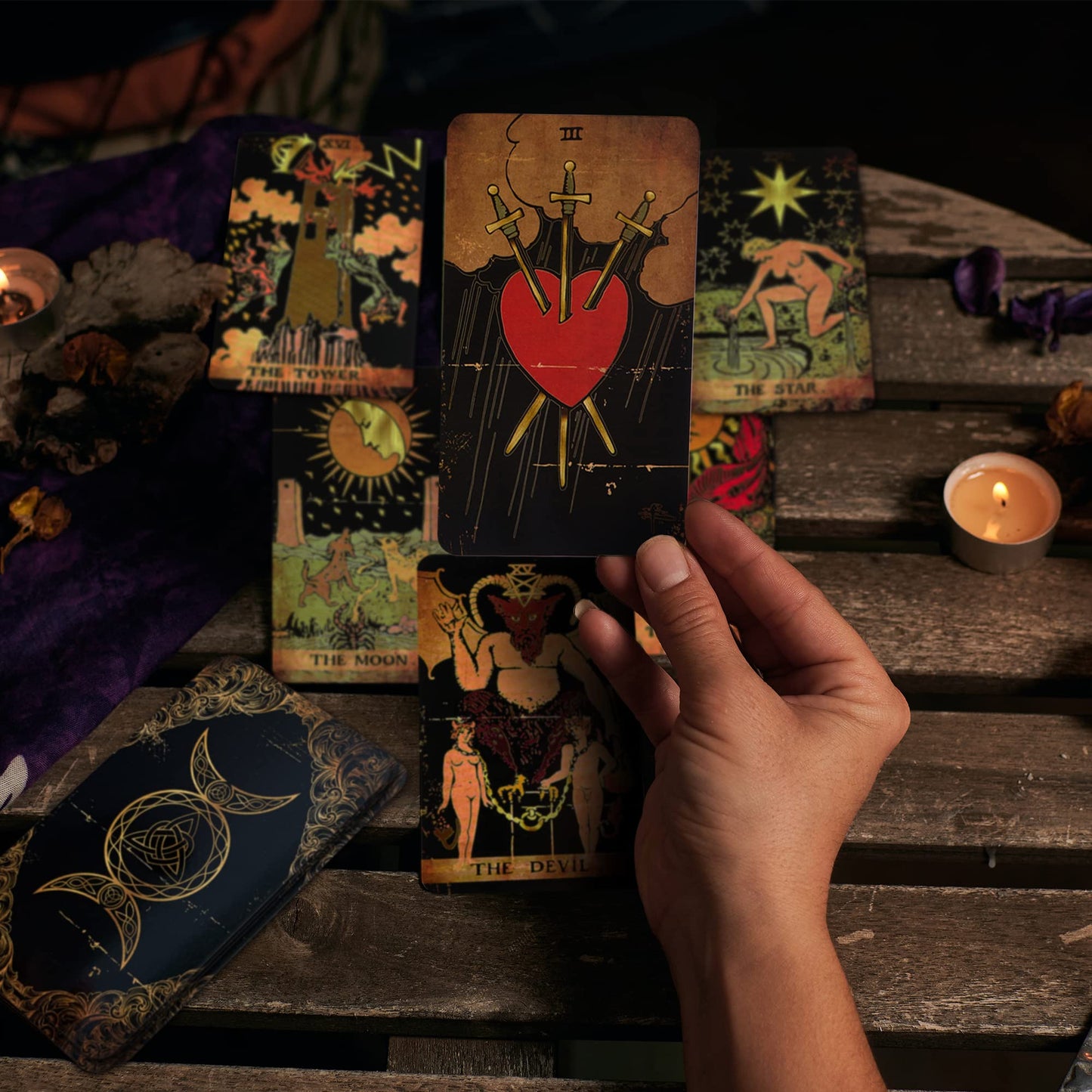 CRAFTERIAN Tarot Cards, 78-Card Deck in Black, Beginner & Expert Friendly with Guide Book & Gift Bag, Fortune Telling & Divination Tools