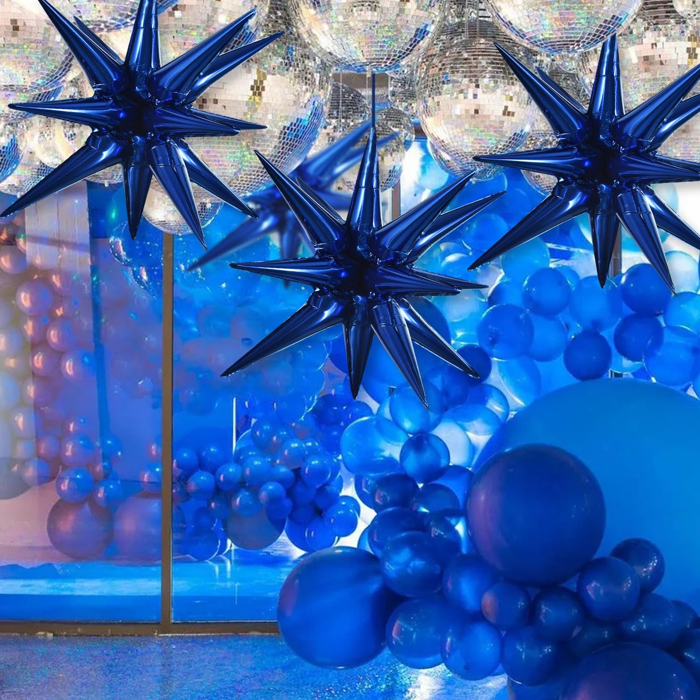 Toniful 4 Pcs 22Inch 4D Navy Blue Explosion Star Mylar Balloons 14Point Star Balloons For Party Backdrop Christmas,New Year Birt