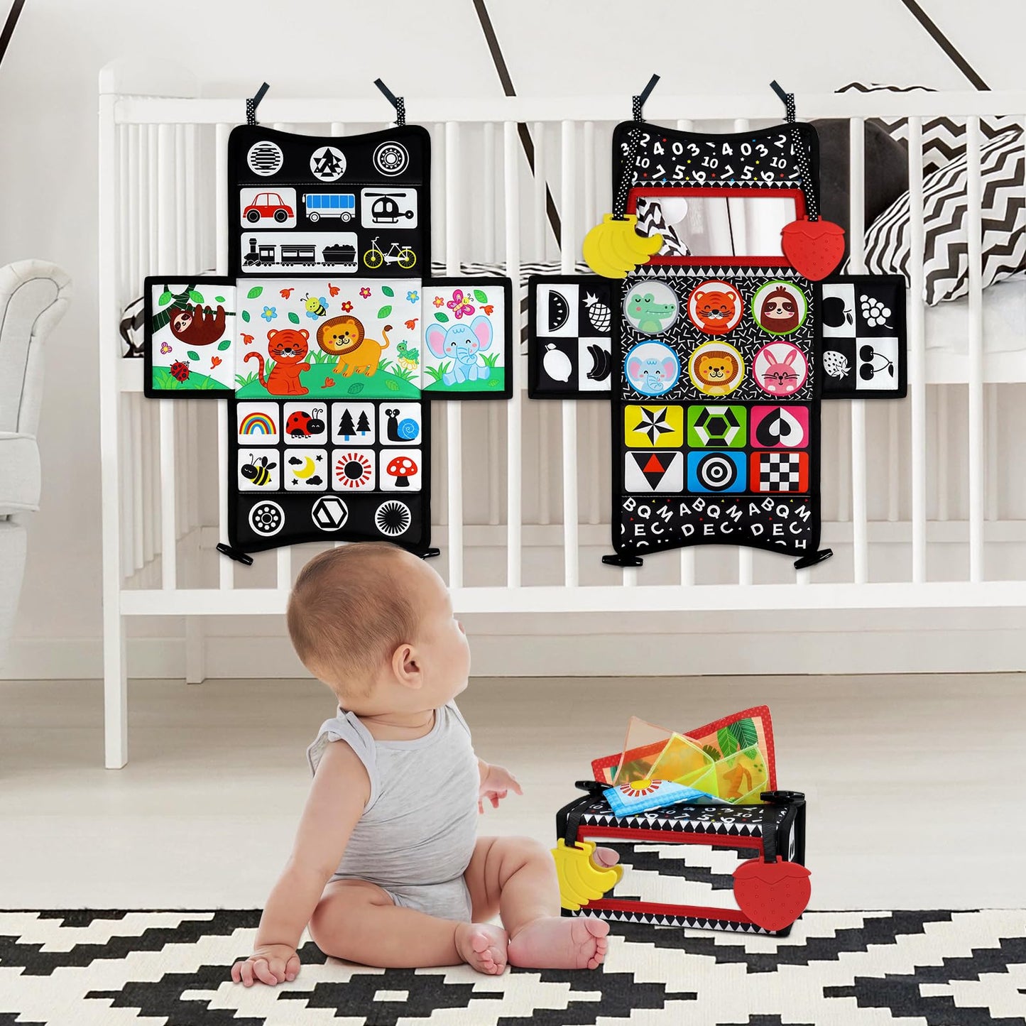 Dr.Rapeti Tummy Time Mirror Toy Tissue Box Toy 3In1 Baby Toy Black And White High Contrast Double-Sided Foldable Sensory Montessori Toy Crinkle Silk Scarves Teethers 0-6 6-12 Month Newborn Infant Baby