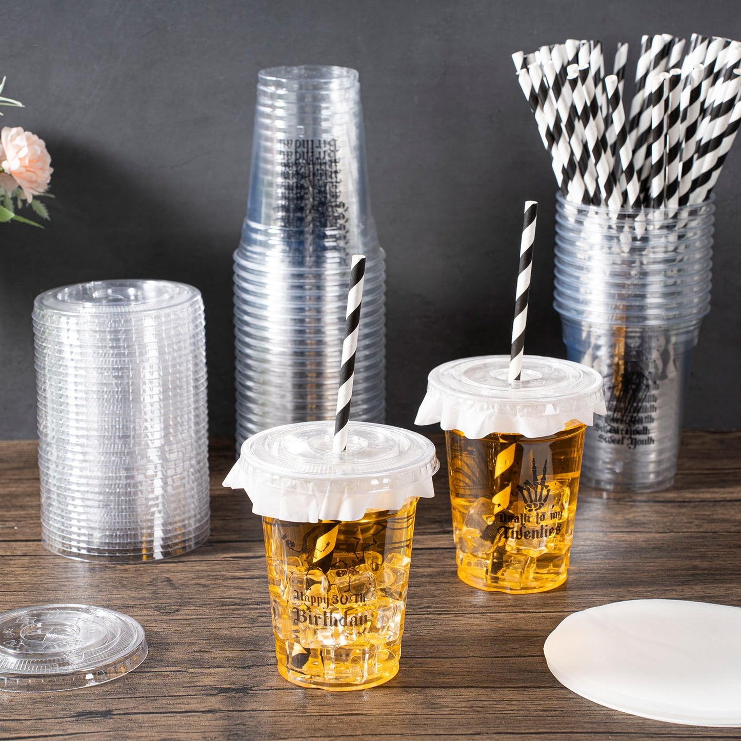 Foldtier 50 Pcs Death To My 20S Party Cups, Disposable Plastic Cups With Straws And Lids Clear Cup Birthday Party Supplies For K