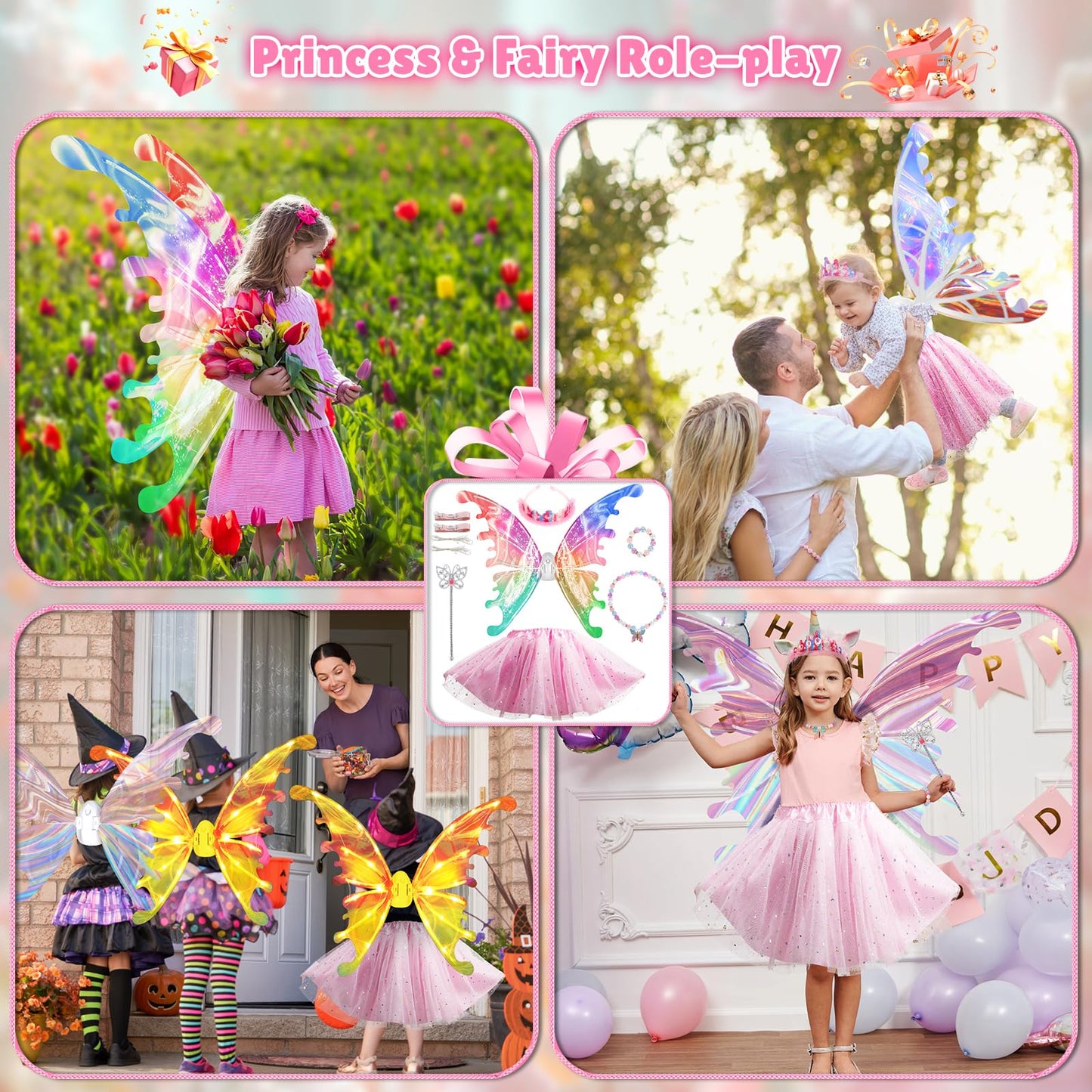 Princess Dress Up Costume With Electric Fairy Wings For Girls, Light Up Moving Butterfly Wings With Led Lights&Music, Princess C