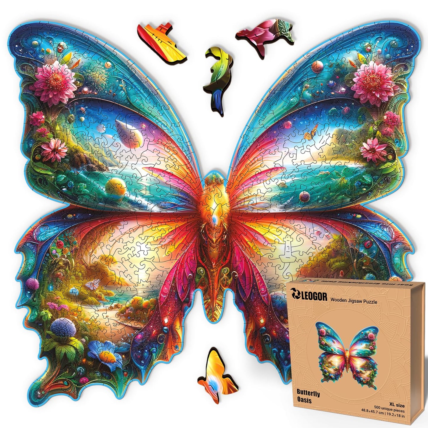 Wooden Puzzles For Adults 500 Piece – Butterfly Puzzle – Extra-Thick 5Mm Wood Jigsaw Puzzle, Challenging Puzzle By Leogor, Xl Size 19.2' X 18'