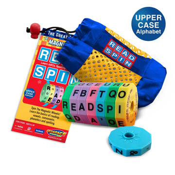 Geospace Read Spin Education Game for Kids - A Handheld Magnetic Spelling Game with Storage Pouch (Upper Case Letters)