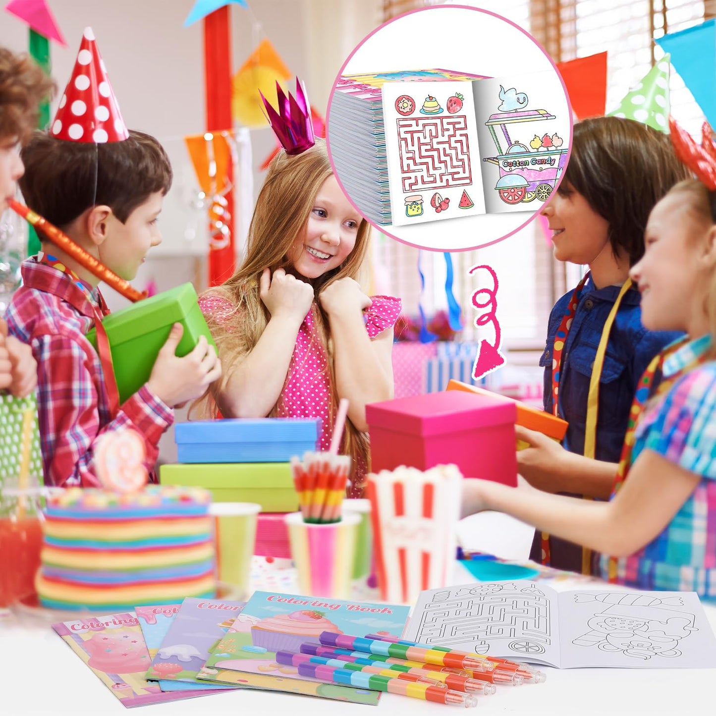 BenLouis 24 Sweet Mini Coloring Books Kids with 24 Stacking Crayons Candyland Donut Party Favors Activity Books Bulk for Kids Ic