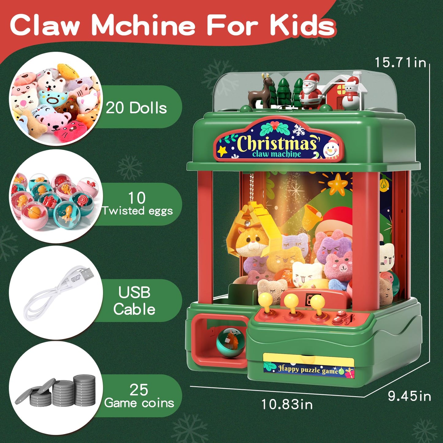 Aiqi Christmas Kids Claw Machine,Large Candy Vending Grabber,Prize Dispenser Toys For Girls Boys,Electronic Claw Game Machine Fo