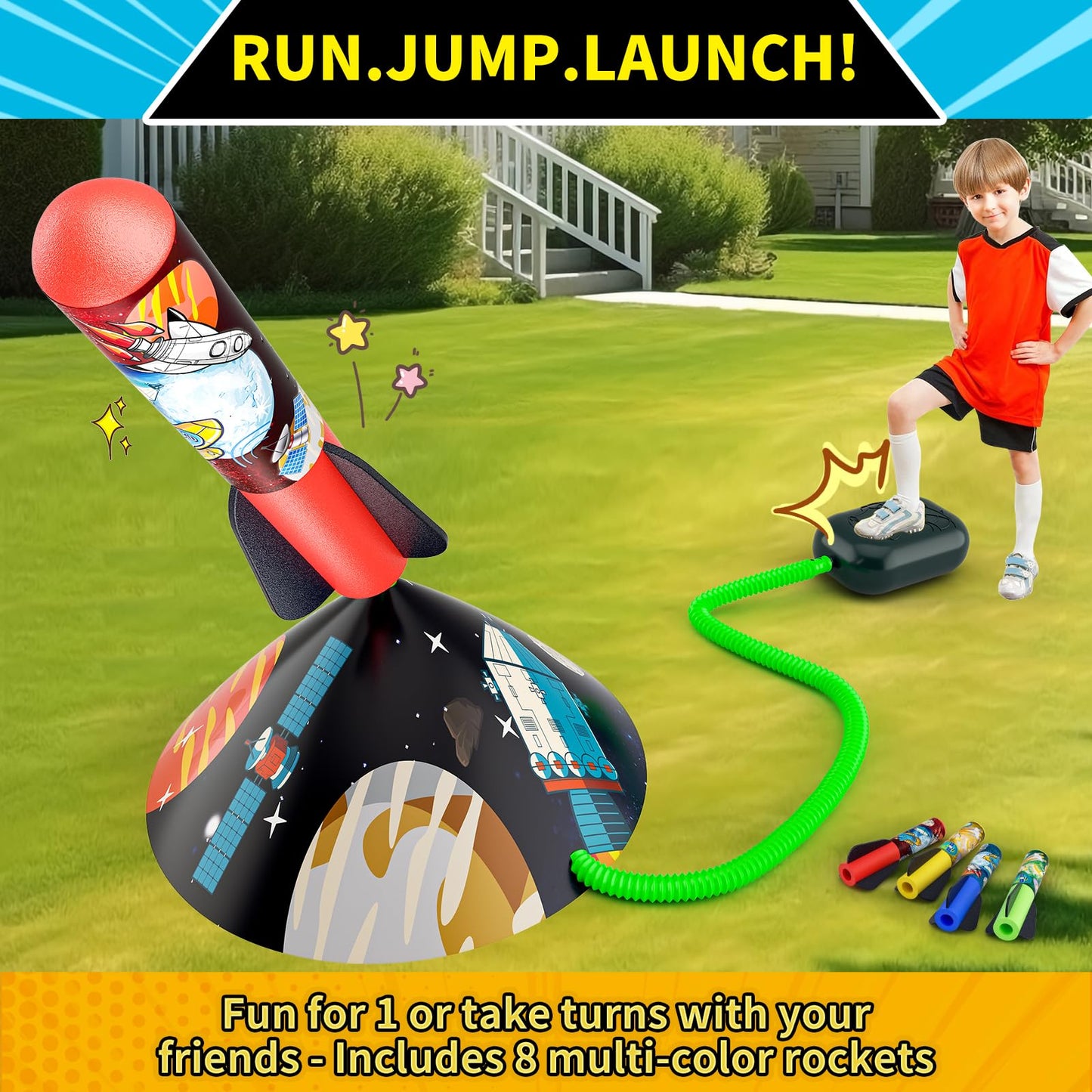 Otoseth Toys Rocket Launcher For Kids - Launch Up To 100 Ft, 8 Multi-Color Foam Rockets & Adjustable Launch Stand, Kids Outdoor