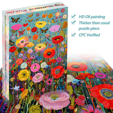 Bgraamiens 1000 Piece Jigsaw Puzzles for mature-themeds - Maximalism Poppies and Butterflies - Bold Floral Arrangement with Vibrant Insects - Challenging Nature-Themed Gift